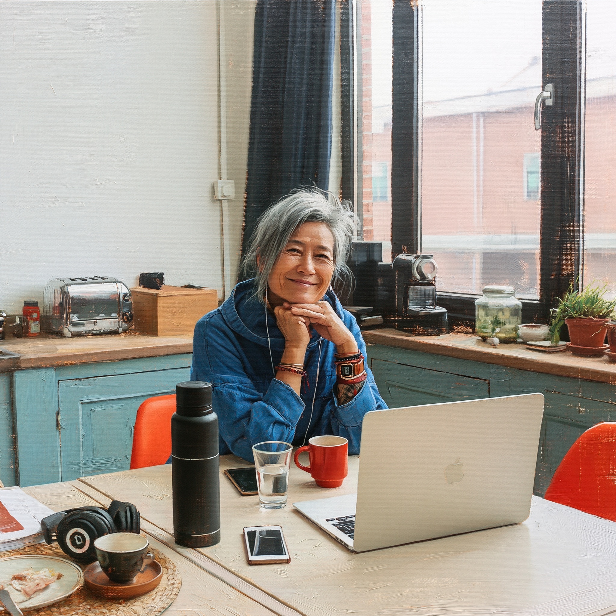 Bewoner achter haar laptop in een gezellige keuken